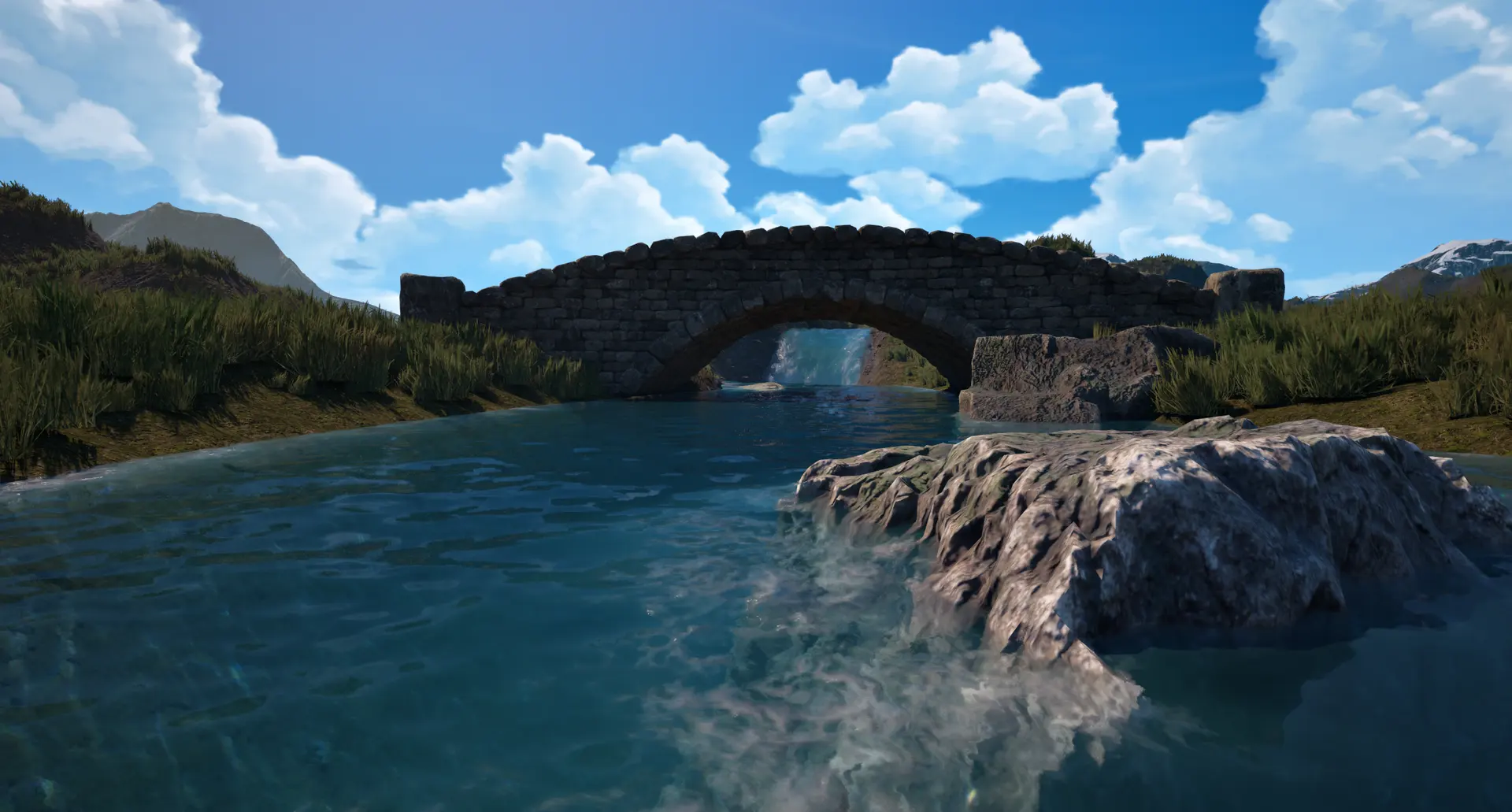 A stone arch bridge crossing a calm river in a green valley under a blue sky